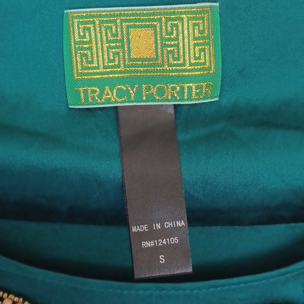 Tracy Porter Emerald Green Silk Beaded Blouse Sz S, Side Zip, 16" Ptp, 23" L - Picture 3 of 6